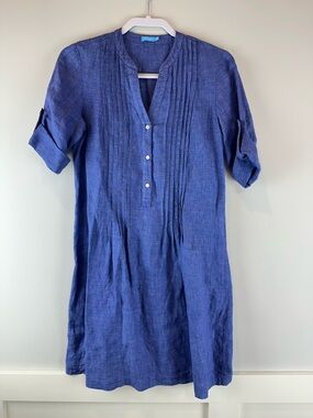 J. McLaughlin Blue Linen Pintuck Button Front Spring Coastal Rivera Dress XS